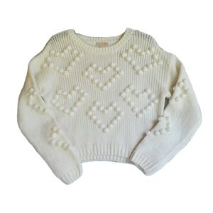 GB White Cream Knit Sweater Pom Pom Hearts Pullover Jumper Top Size Small
